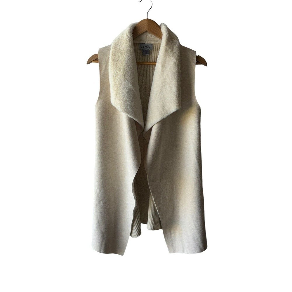 Le Moda Size XL Cream Faux Suede Open Front Mixed Media Vest Cardigan Sweater